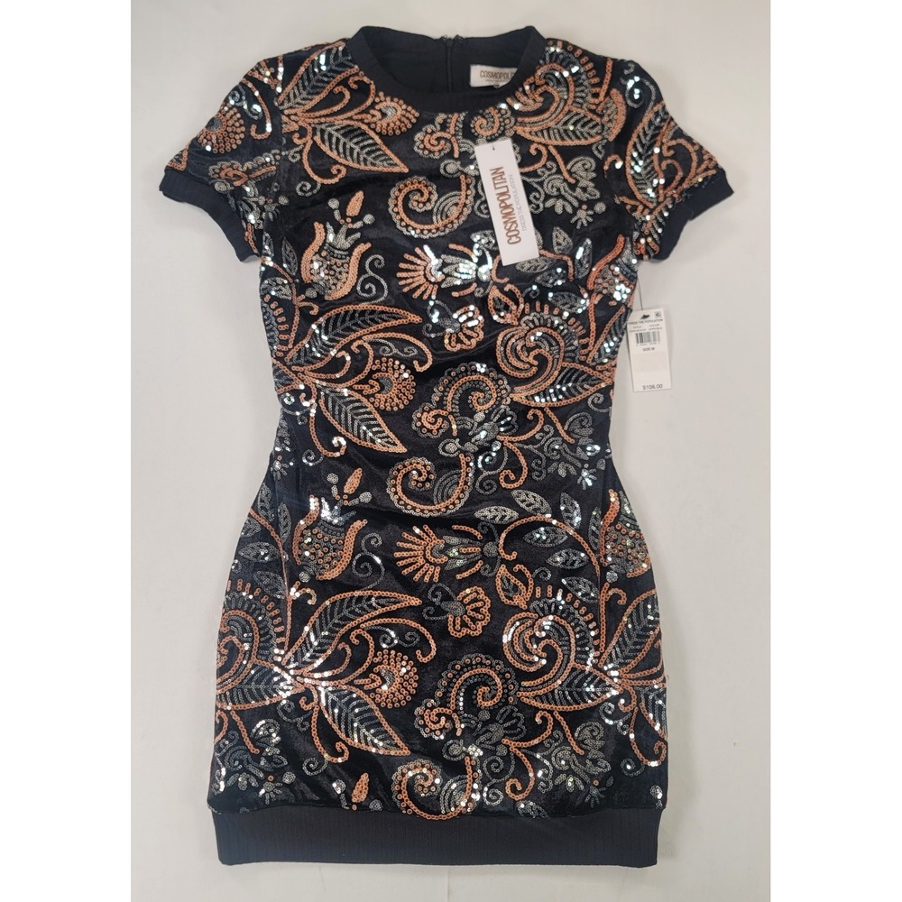 Cosmopolitan Sequin Velvet Bodycon Mini Dress Malorie NWT Black Copper Women's M